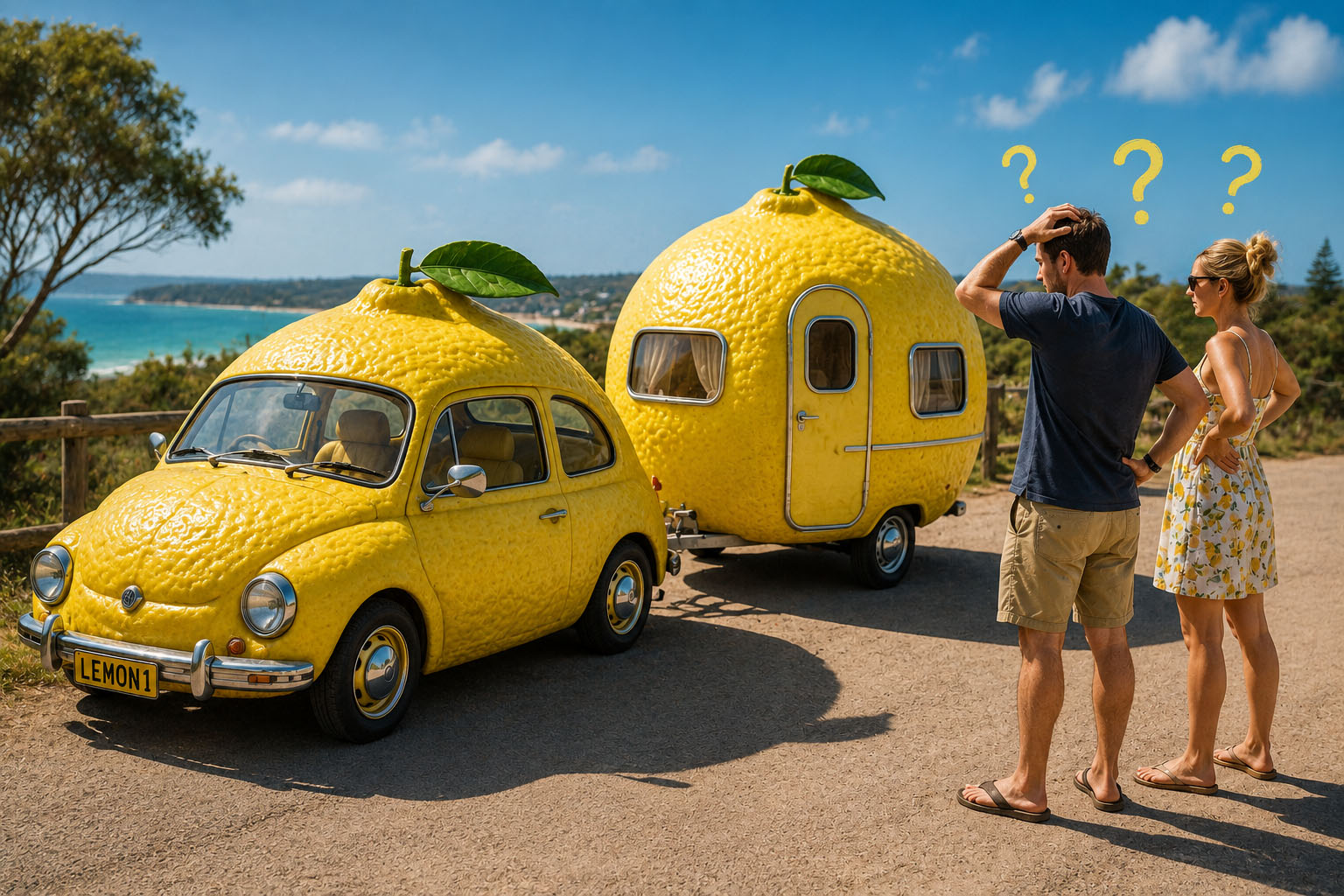 A confused couple stands beside a lemon-shaped car towing a lemon-shaped caravan, illustrating the idea of buying a defective vehicle or “lemon” under the Australian Consumer Law.